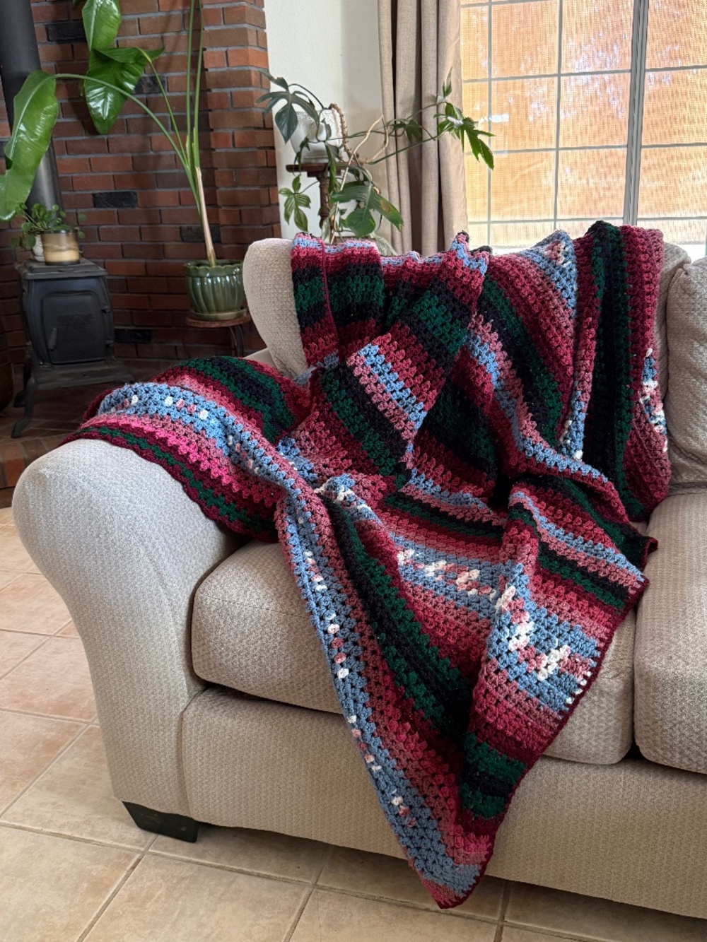 Handmade Crochet Afghan Throw Striped Blanket Grandmacore Red Mauve Green Black